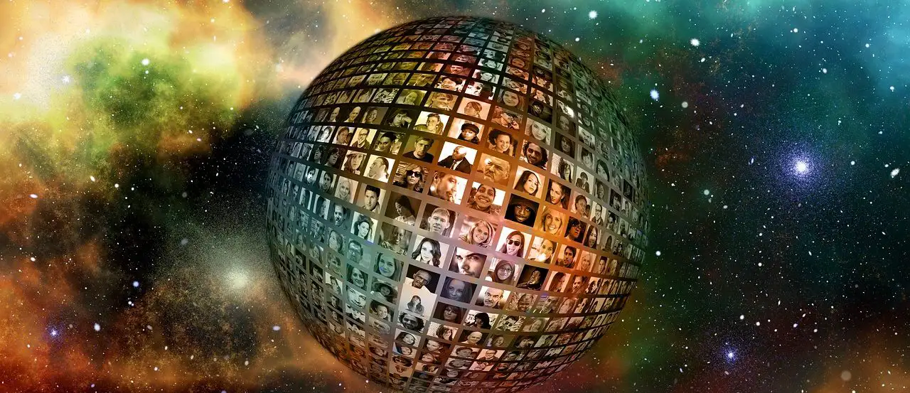A globe covered with people's faces