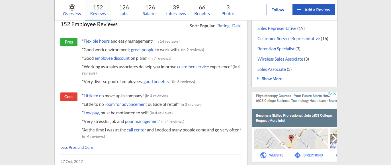 Sample review page for a company on Glassdoor featuring pros and cons