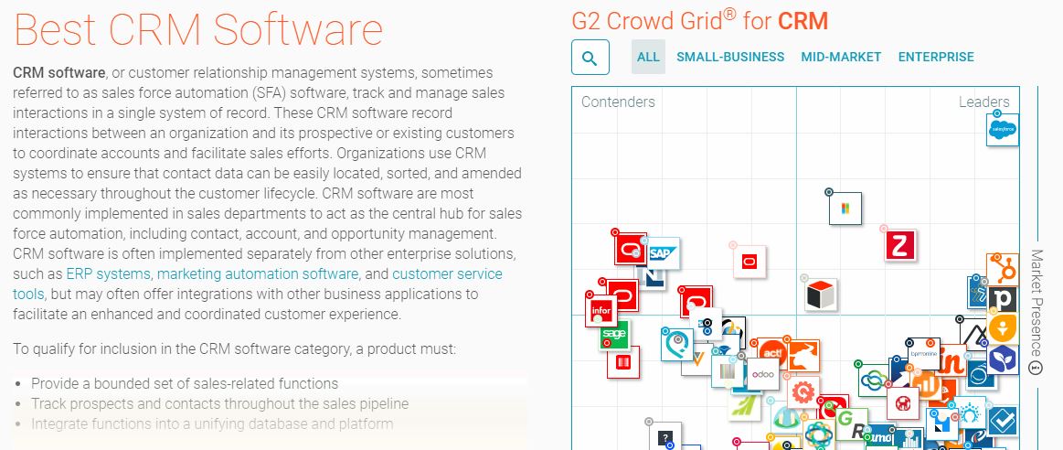 Screen sample of G2 software and services review site for CRM applications
