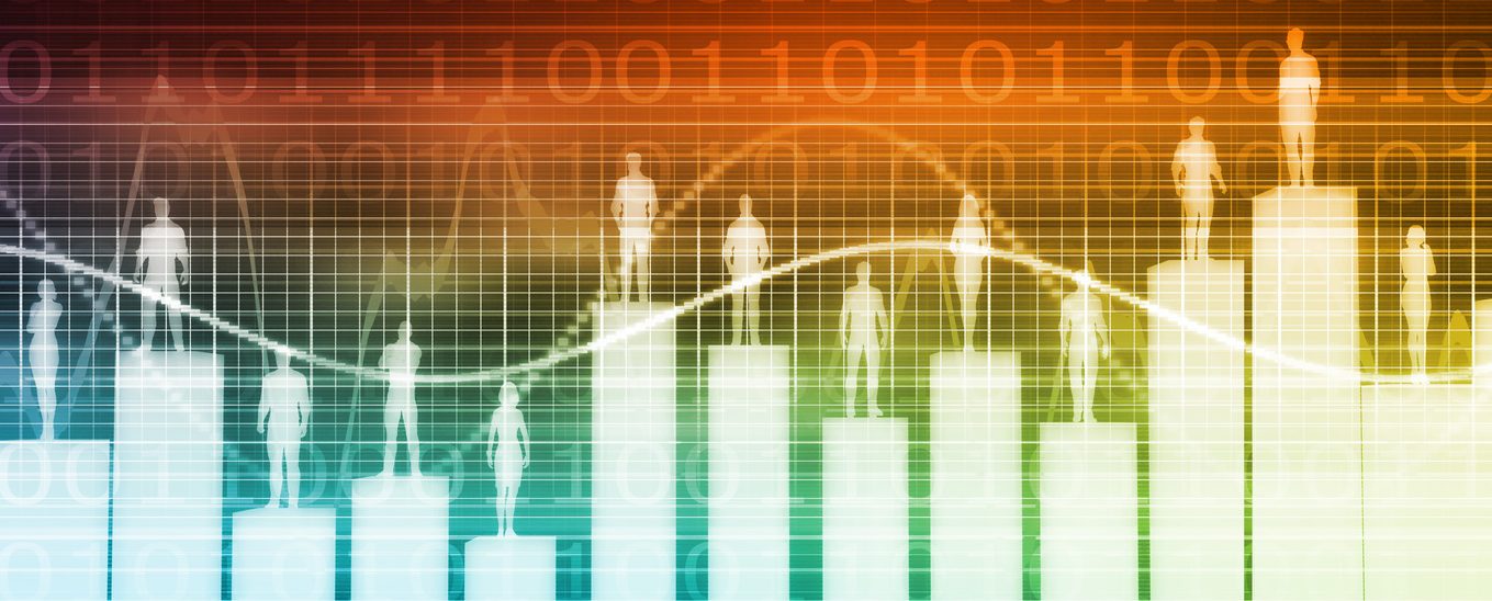 Bar graph with people standing on them and a wave line
