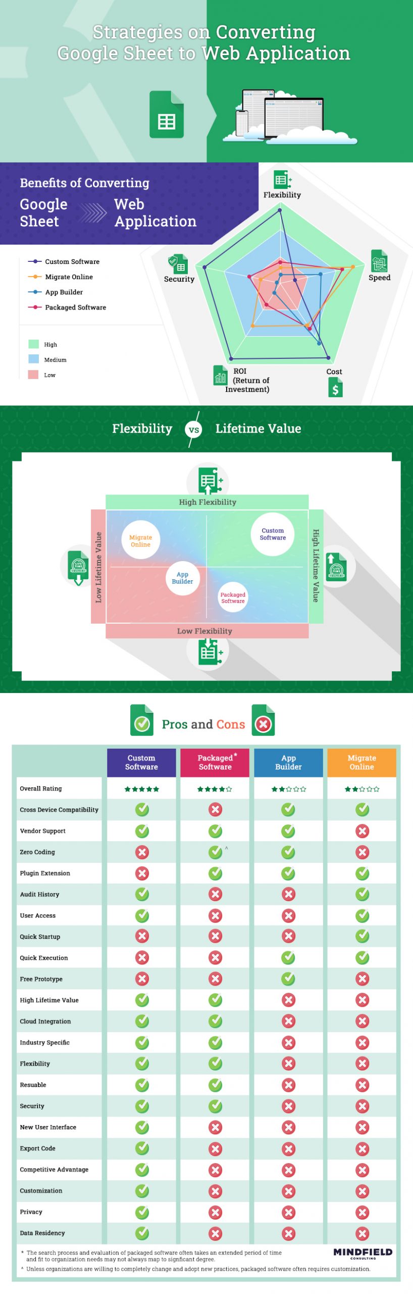 Infographic highlighting ways to convert google sheet with custom software and package solution being the most evident approaches
