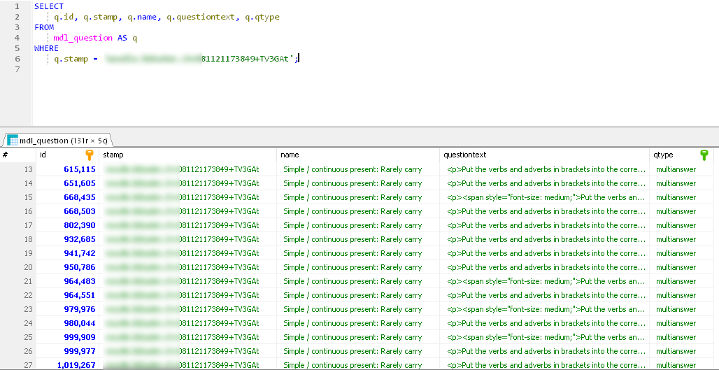 Moodle database question stamp duplication example image - for Moodle Quiz and Question Duplication Error article