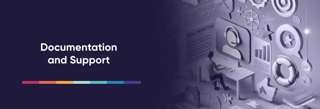 Person sitting at a desk surrounded by icons representing documentation, technical support, charts, and help features.​ - Moodle Maintenance Strategy