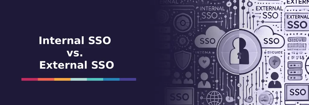 Internal vs. External SSO - Strategies to Use Moodle SSO Options Split background showing Internal vs. External SSO with digital icons and a large central padlock graphic - Strategies to Use Moodle SSO Options