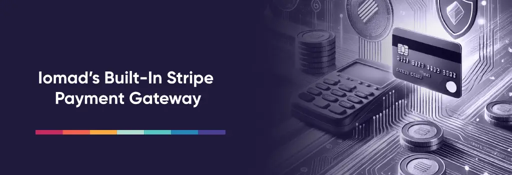 Iomad’s Built-In Stripe Payment Gateway - Strategies to Enable eCommerce on Moodle Iomad Digital circuit background with floating credit card, coins, and calculator representing online payments. - Strategies to Enable eCommerce on Moodle Iomad
