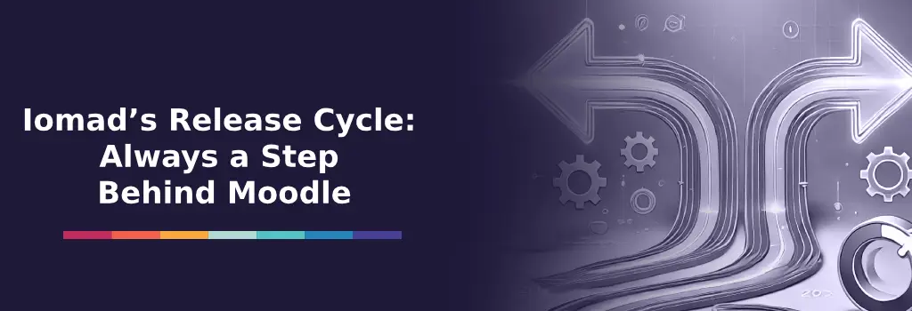 Ways to Achieve Multi-Tenancy in Moodle - Managing Moodle Upgrades with Iomad Moodle Curved arrows and gears showing delayed progress, symbolizing Iomad trailing behind Moodle release updates - Managing Moodle Upgrades with Iomad Moodle