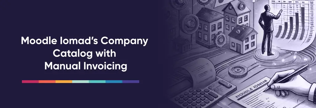 Moodle Iomad’s Company Catalog with Manual Invoicing - Strategies to Enable eCommerce on Moodle Iomad Businessperson analyzing graphs and writing invoices with calculator and houses in the background - Strategies to Enable eCommerce on Moodle Iomad