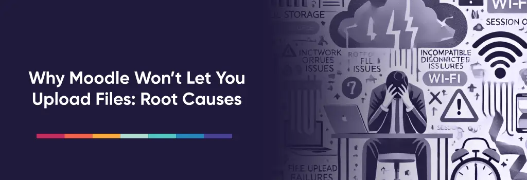 Frustrated user surrounded by file error icons and issues - Moodle File Upload Errors: Diagnosis and Fixes