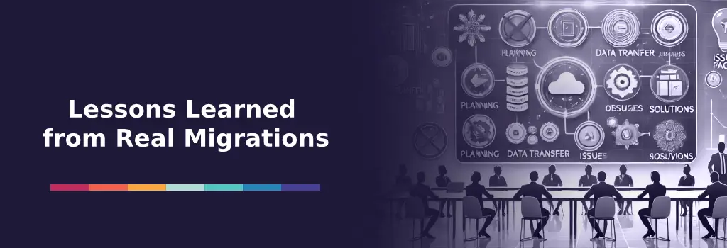 Lessons Learned from Real Migrations - How to Migrate Thinkific to Iomad 'Team analyzing completed migration journey with insight symbols' - How to Migrate Thinkific to Iomad.
