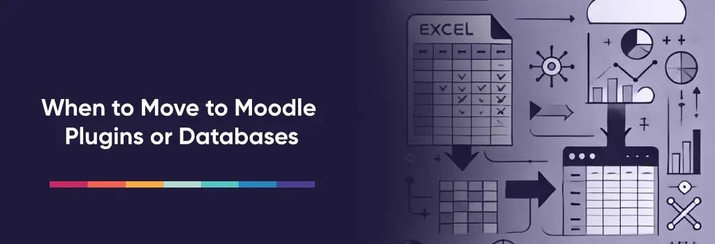 When to Move to Moodle Plugins or Databases - Ways to Use Excel with Moodle Minimal flat design of Excel evolving into structured data forms, symbolizing system upgrade - Ways to Use Excel with Moodle