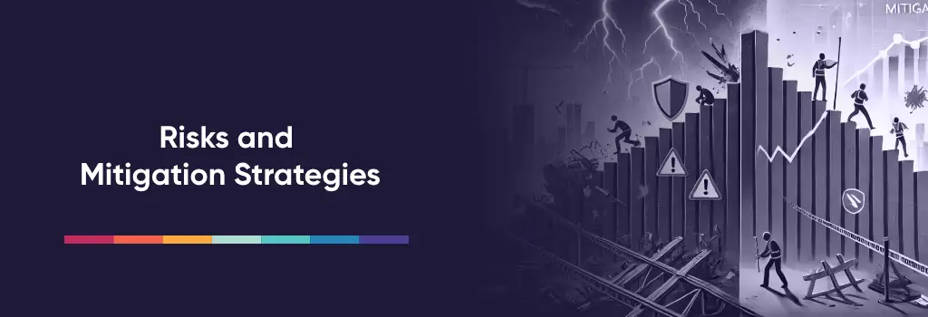 Risks and Mitigation Strategies - Strategies to Integrate Moodle and Dynamics 365 People navigating collapsing bars, warning signs, and shields in a stormy landscape – Strategies to Integrate Moodle and Dynamics 365