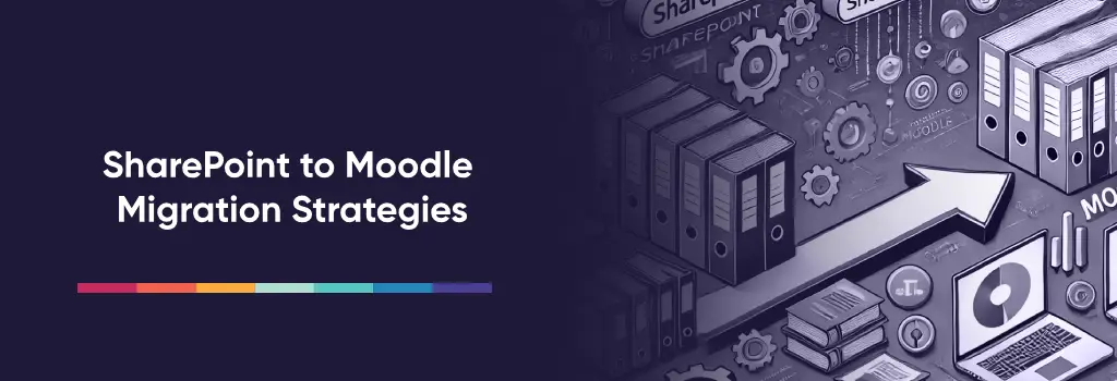 Digital file transfer from SharePoint to Moodle with folders, gears, and arrow - SharePoint to Moodle Migration Strategies.