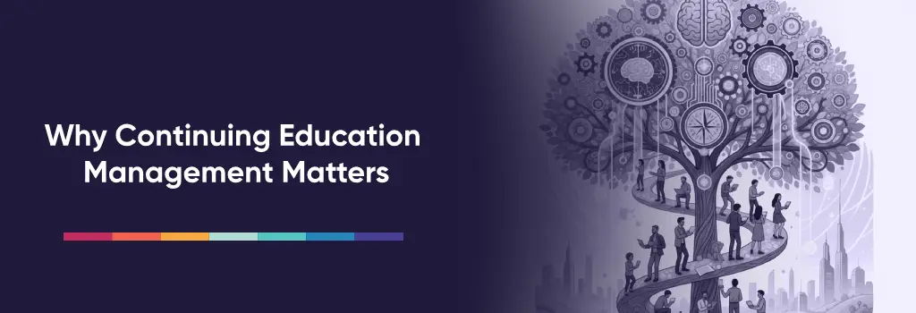 Tree of knowledge with gears, clocks, and people climbing paths - Continuing Education Management Strategies in Moodle.