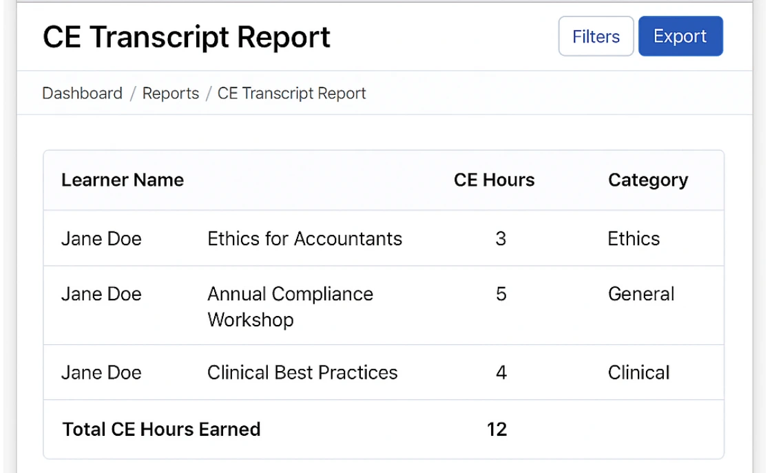 CE Transcript Report - Continuing Education Management Strategies in Moodle