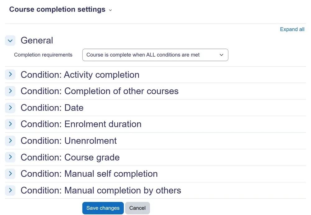 The Course completion settings page