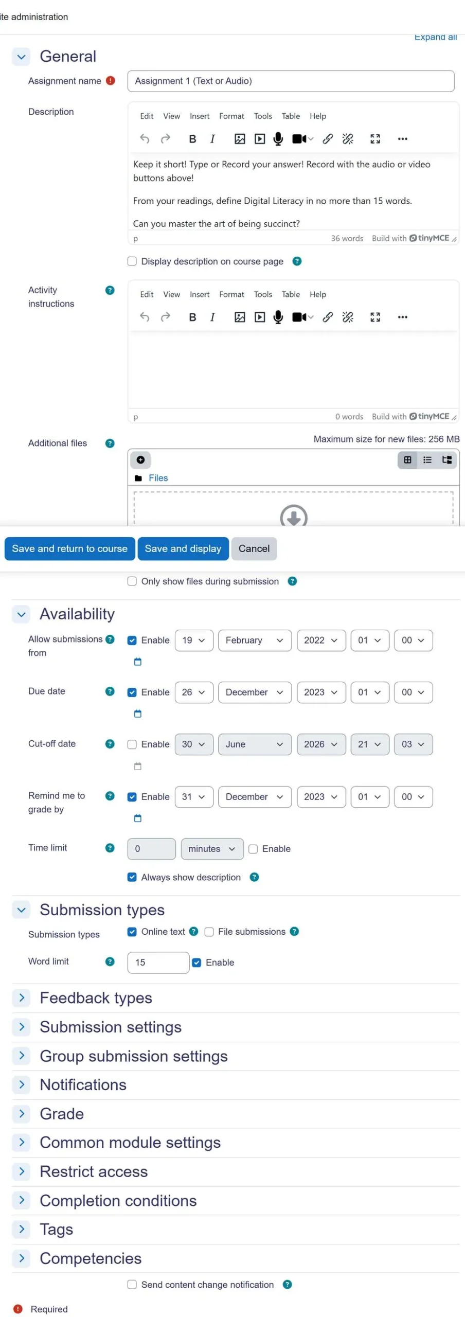 The Edit assignment settings page