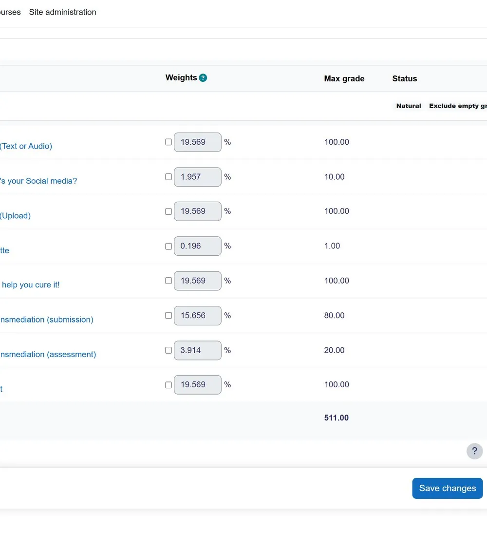 Moodle gradebook setup page showing categories and manual grade items for offline exam results