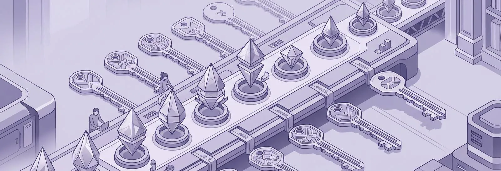 Isometric illustration of keys setting the stage for access codes - Using Coupons or Access Codes for Moodle Exams