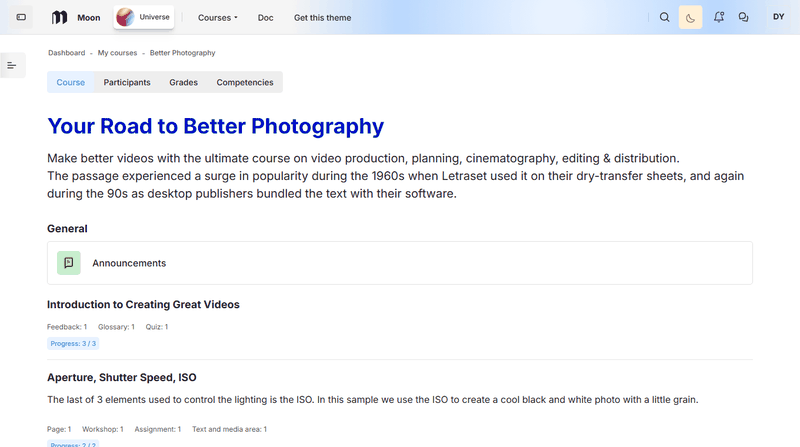 Student view of a course, lesson and grades in the Moon Moodle theme for Moodle IOMAD