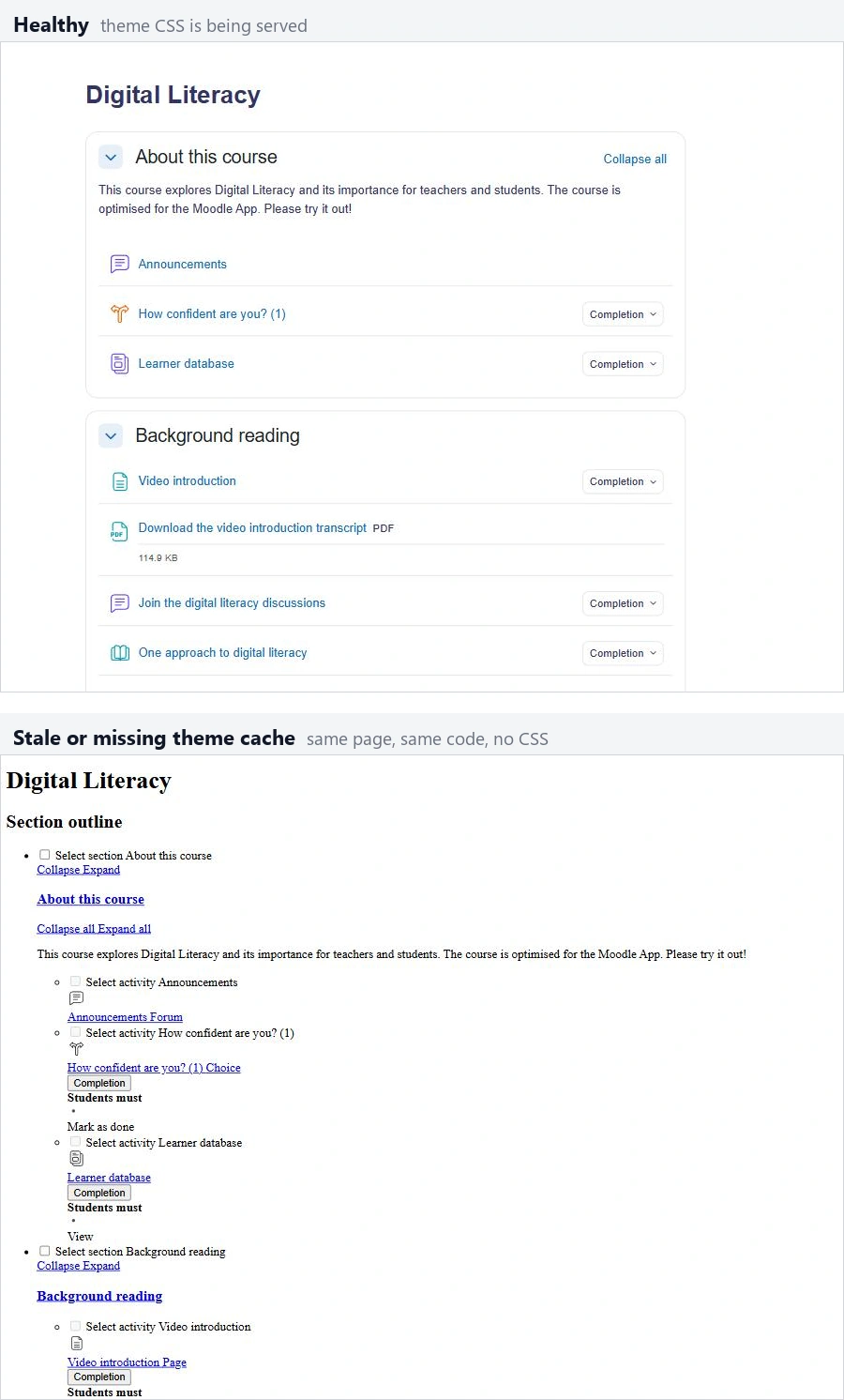 A Moodle course page rendered normally above and unstyled below, showing how Moodle cache issues make a working theme look broken