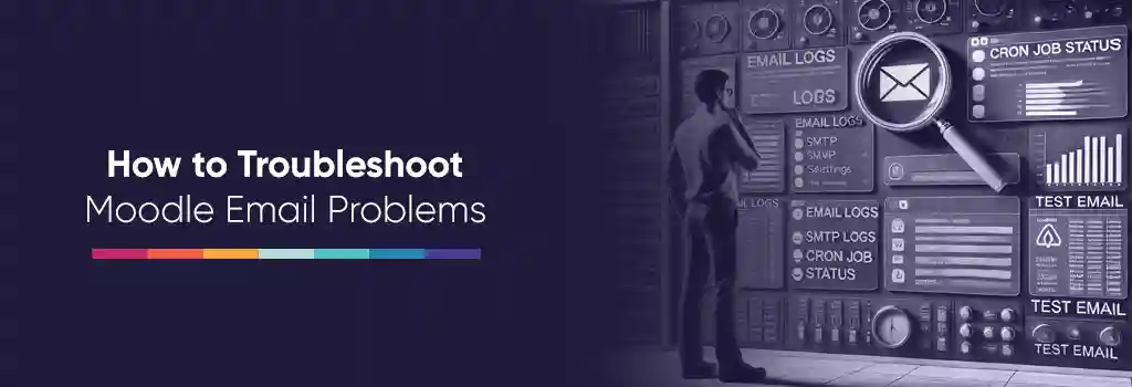 Displaying "Email Logs," "SMTP Settings," "Cron Job Status," and "Test Email." A magnifying glass hovers over an email error symbol, signifying the process of troubleshooting and identifying issues - Moodle is not Sending Emails