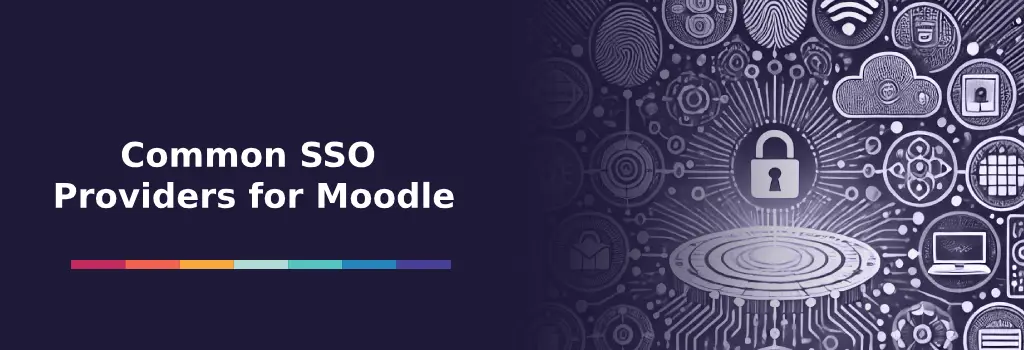 Illustration of various SSO icons and a central padlock, representing common SSO providers for Moodle - Strategies to Use Moodle SSO Options