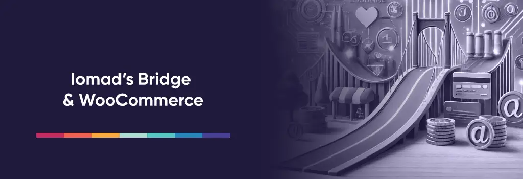 Bridge structure over a road with ecommerce icons like storefronts and carts symbolizing online integration - Strategies to Enable eCommerce on Moodle Iomad
