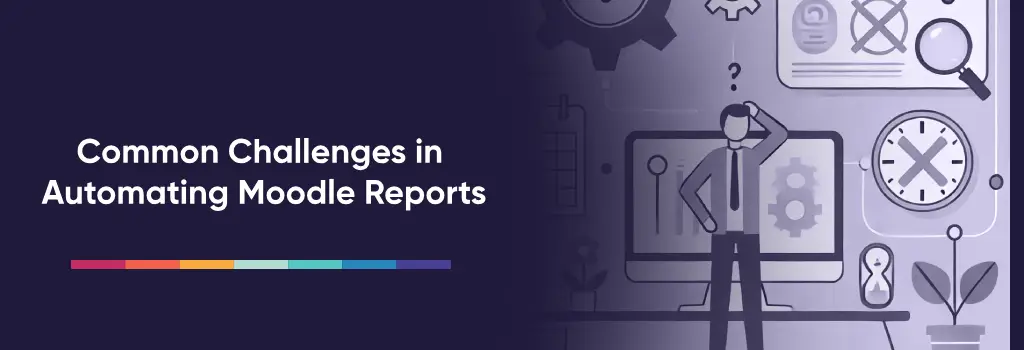 Confused man near clock, charts, and error icons - How to Automatically Send Moodle Reports