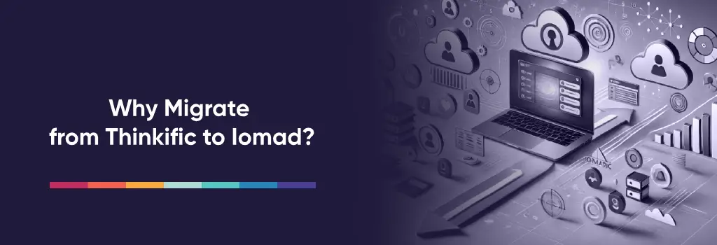 'Thinkific to Iomad migration benefits illustrated with cloud tech icons' - How to Migrate Thinkific to Iomad.