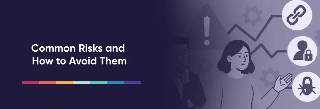 Woman explaining risks with icons for broken links, security, and bugs – How to Migrate from Moodle to Iomad