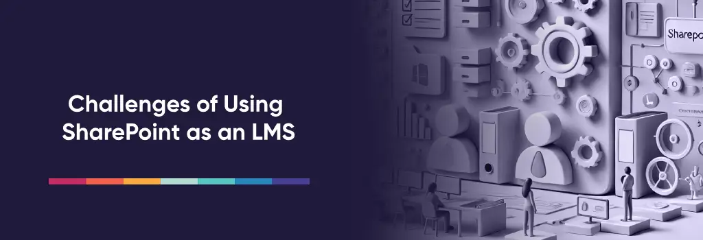 Illustration of technical challenges using SharePoint as LMS with icons and gears – SharePoint to Moodle Migration Strategies