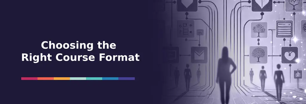 Silhouettes walking through digital pathways branching into various content icons - Improving Course Experience Using Built-in Moodle Features.