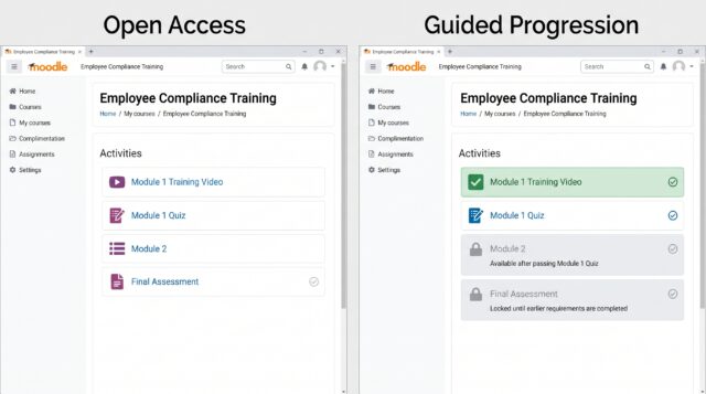 A Moodle course showing how activity completion and access restrictions create a guided learning path