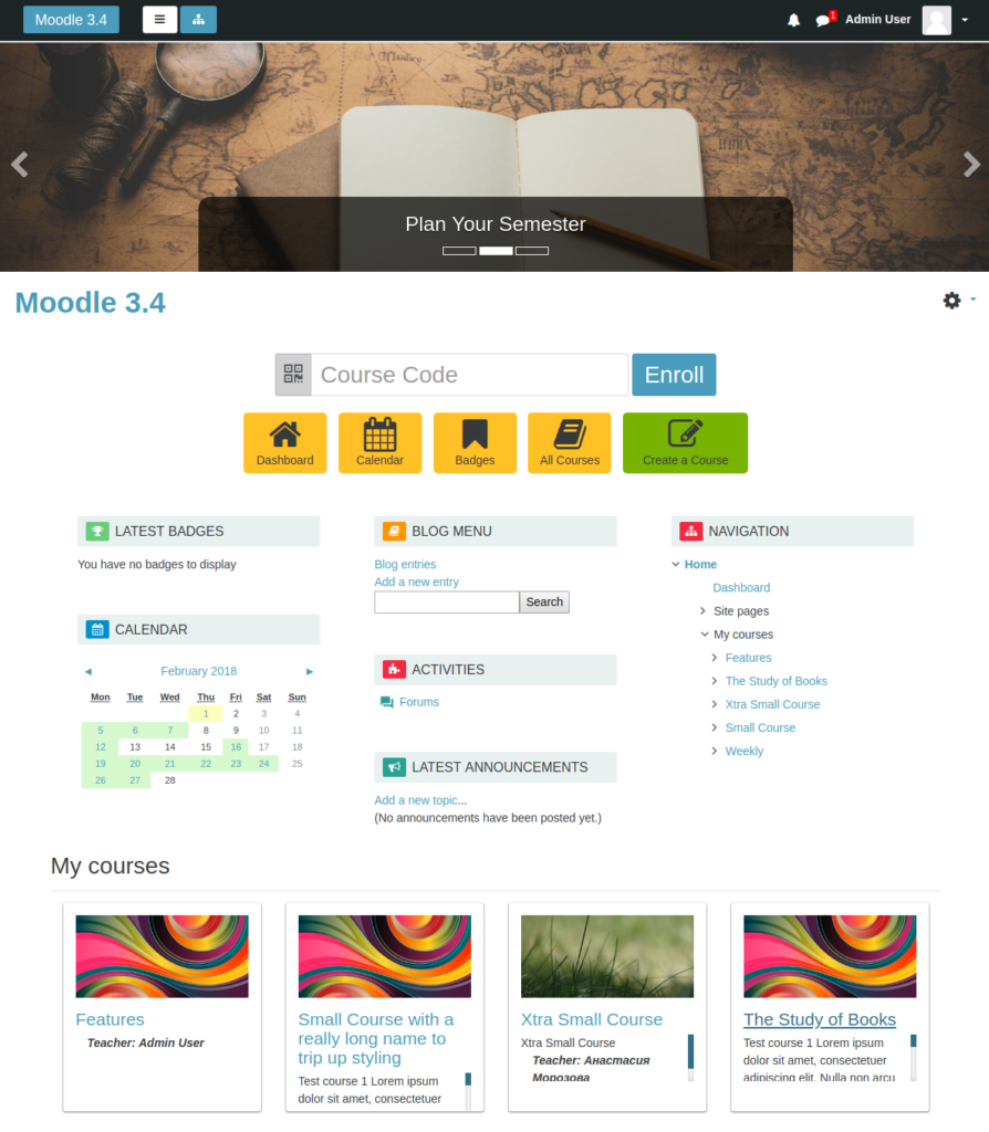 Classic Moodle dashboard with enrolled courses and learning tools – Moodle for Schools.