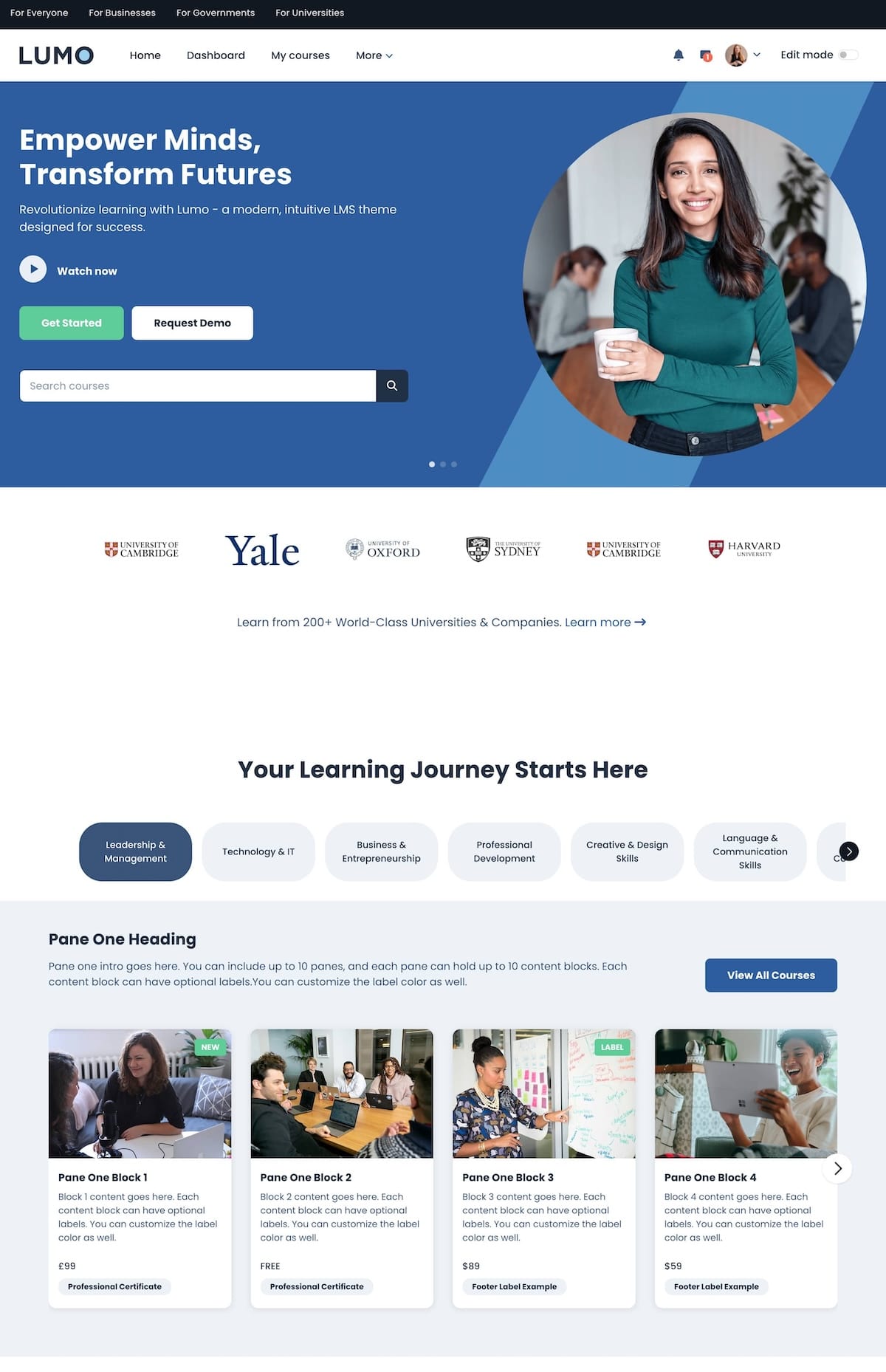 Modern LMS homepage with course search, categories, and call-to-action – Moodle for Schools.