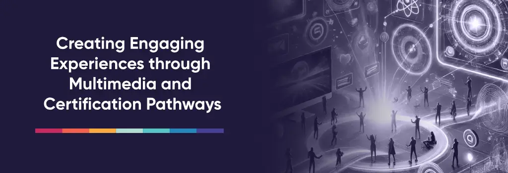 Learners in a digital arena with interactive visuals, reflecting engagement and certification - Strategies to customize Moodle Course Flow for Improved User Experience