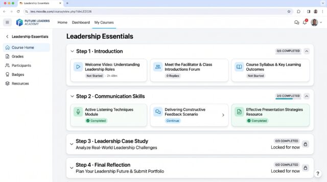 A Moodle course using clear module names and visual hierarchy to make navigation easier for learners