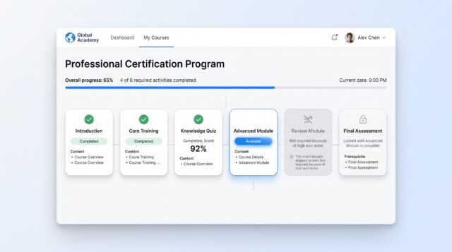 A Moodle certification course showing learner progress, completed activities, and an adaptive learning path