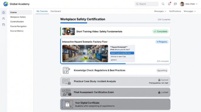 A Moodle safety course combining video, H5P interaction, assessment, and a certification pathway