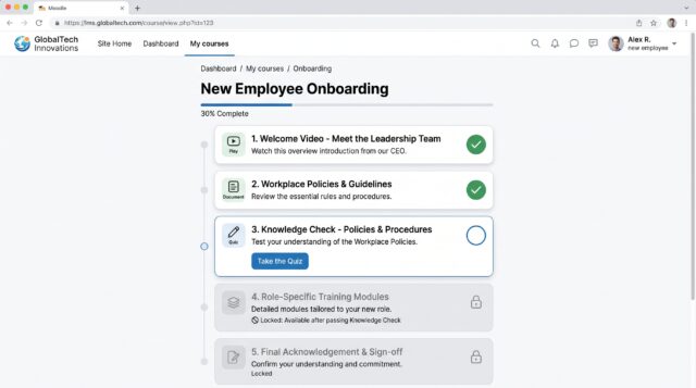 A Moodle onboarding course guiding learners through completed, available, and restricted activities