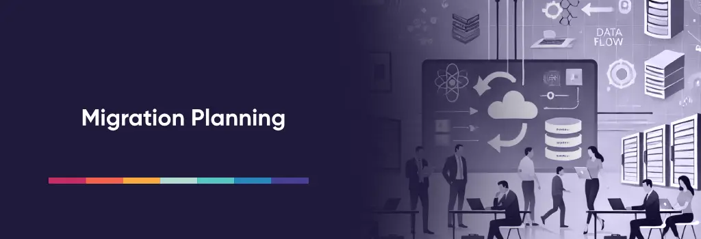 People working at desks with cloud data flow – How to Migrate from Docebo to Moodle.