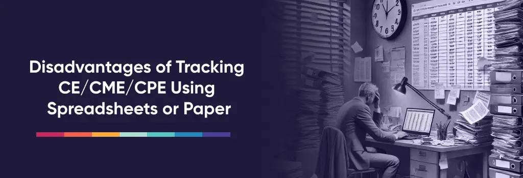 Stressed professional overwhelmed by paperwork and spreadsheets. - Continuing Education Management Strategies in Moodle.