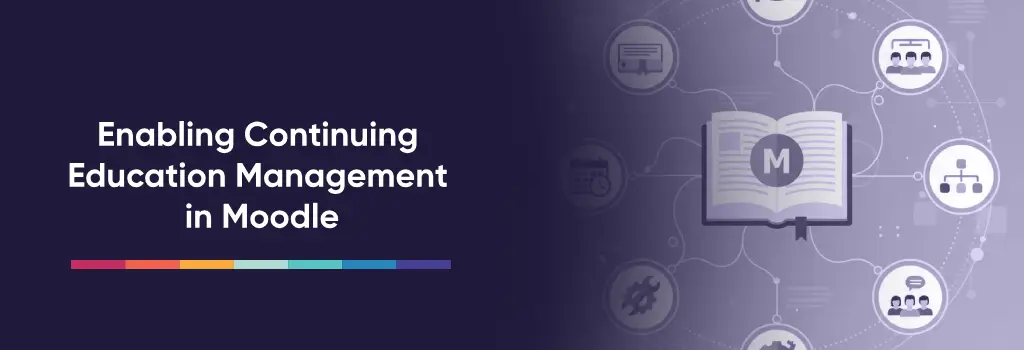 Open book with connected icons for learning tools and systems - Continuing Education Management Strategies in Moodle.