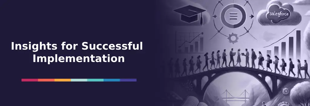People walk across a bridge linking education and CRM visuals in storybook style - Integrating Moodle with Salesforce Strategies and Insights.