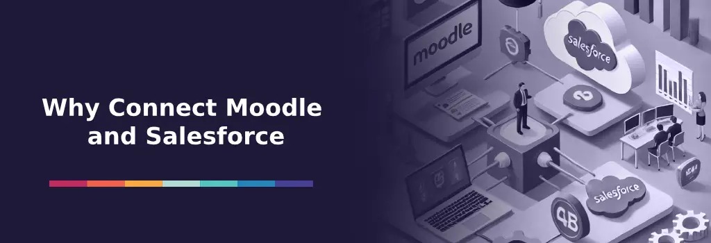 Businessman stands between Moodle and Salesforce platforms with data flow visuals - Integrating Moodle with Salesforce Strategies and Insights.