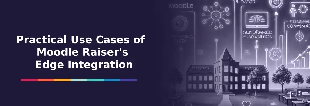 Modern campus scene with digital screens and data flow icons symbolizing system connection - Integrating Moodle with Raiser's Edge Strategies and Insights
