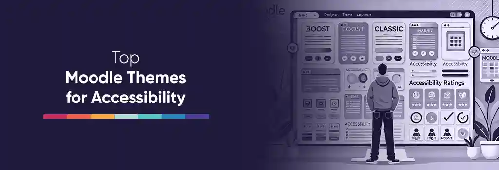 Illustration of a designer analyzing Moodle theme layouts with accessibility icons and comparison ratings, representing top Moodle themes for WCAG 2.1 AA compliance - Top Moodle Themes for Accessibility