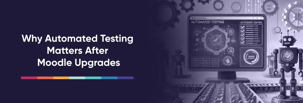 Robot analyzing data on computer screen with automation interface - Automated Testing Strategies for Moodle Upgrades.