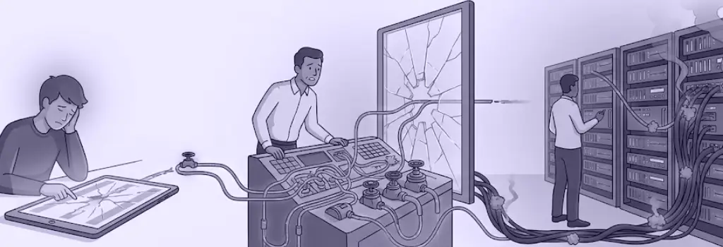 An illustration of stressed people and malfunctioning, overloaded server racks, visualizing wide-reaching negative impact - How To Detect and Anticipate Moodle Performance Issues