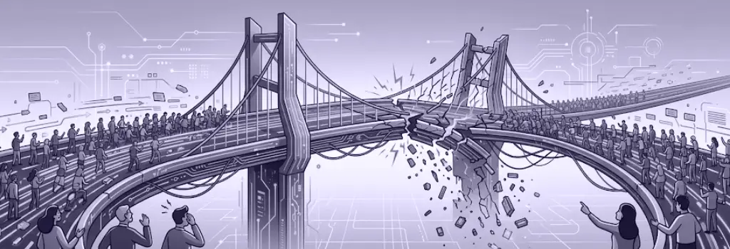 A futuristic digital bridge with thousands of people crowded and stuck on both sides - How To Detect and Anticipate Moodle Performance Issues